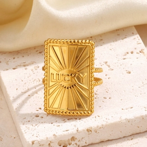 Lucky Engraved Stainless Steel Ring Rectangular Sunburst Beaded Edge Adjustable Open Band Retro Fashion Jewelry Women