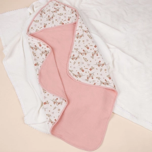 Soft four-layer muslin cotton hooded baby swaddle with pink and floral print design