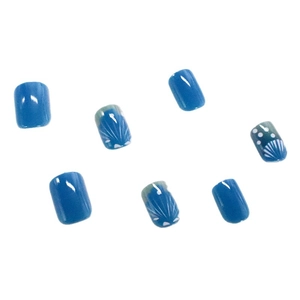 Blue shell textured short square press-on nails with white polka dots for summer