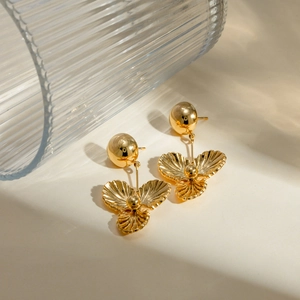 18k gold plated stainless steel hemisphere and triple petal flower drop earrings