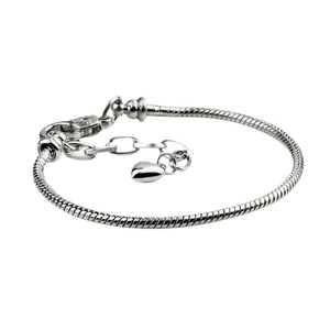 Silver snake chain bracelet with lobster clasp and heart pendant on white background