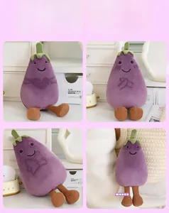 Detail view of purple plush eggplant pendant with long legs shown in various life scenes