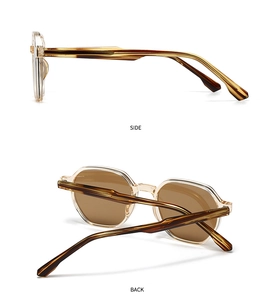 Detail of champagne geometric frames and tortoiseshell temples on polarized sunglasses