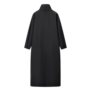 Trench-Coat Long Noir Pour Femmes Col Montant Boucle Métallique Minimaliste Élégant Coupe-Vent En Polyester