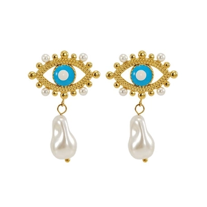 18K gold plated evil eye earrings featuring blue enamel and hanging baroque pearls
