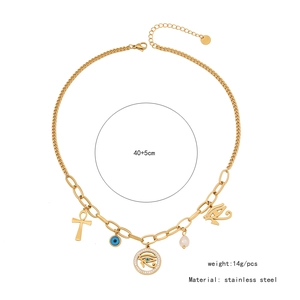 Detailed view of stainless steel necklace with evil eye and cross pendants and dimensions