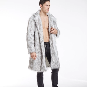 Full shot of men's long faux fur coat with grey mottled pattern and large lapels