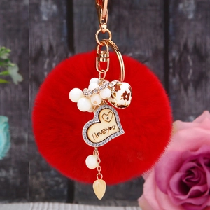 Porte-clés Cœur En Bois Avec Pompon En Fausse Fourrure Strass Et Charme De Künstliche Perle Artificielle Anneau En Métal