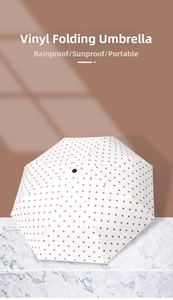 Detail of white umbrella with brown polka dots and black glue coating for UV protection