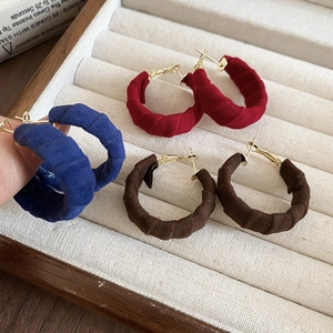 Vintage Round Hoop Earrings With Wrinkled Fabric Wrapped Texture And 925 Sterling Silver Earring Post For Women