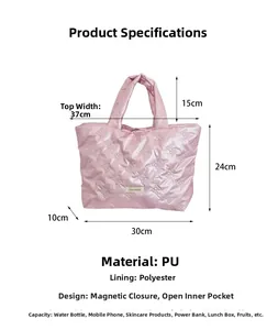 Pink quilted heart tote bag with detailed size dimensions and interior structure specs