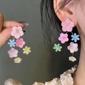 Colorful resin flower drop earrings for women with minimalist silver needle design
