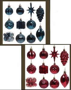 Detail view of assorted navy blue and wine red Christmas tree ornaments in various shapes