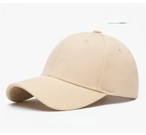 Close-up of beige six-panel baseball cap showing fine twill texture and stitching