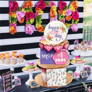 Three-tier wooden tiered tray set with Happy Mother's Day and LOVE heart wood signs