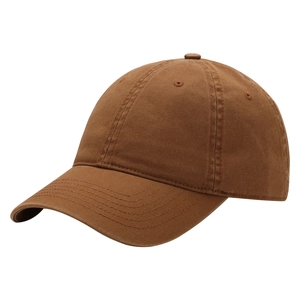 Detail view of the brown cotton twill fabric and reinforced stitching on baseball cap