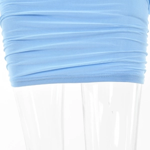 Detail shot of blue ruched mini dress showing textured fabric and horizontal pleated hem