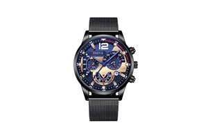 Detailed view of Geneva watch featuring blue and gold dial with black mesh steel strap