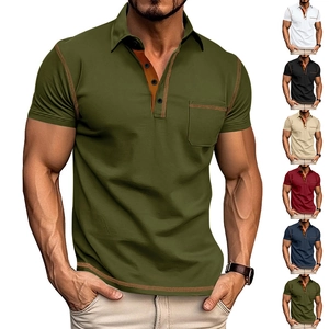 Detailed view of men's polo shirt with contrast stitching and chest pocket design