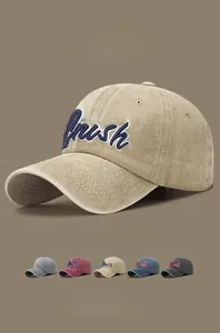 Detail of multi-color washed cotton baseball caps with high-quality Fresh embroidery