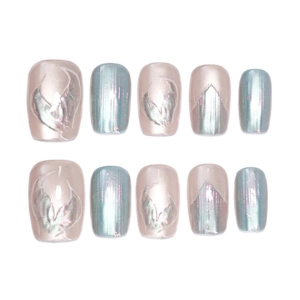 Faux ongles courts carrés sirène effet œil de chat aurora en rose et bleu laser