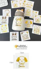 Detail of 7.5x7.5cm gold foil cartoon stickers on a cute animal ear water bottle