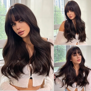 Detailed views of long wavy dark brown wig with bangs shown from multiple angles
