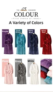 Grid display of thick flannel bathrobes in purple, green, navy, burgundy, pink, grey and white