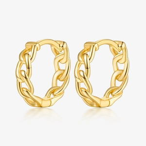 Macro detail of gold Cuban link hoop earrings in S925 sterling silver style