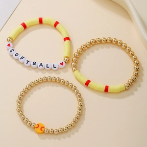 Lot de 3 bracelets de softball faits main avec disques en argile jaune et perles dorées