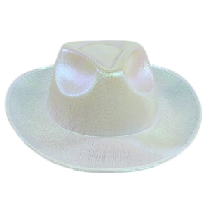 Macro detail of holographic white cowboy hat with iridescent pearl finish for parties