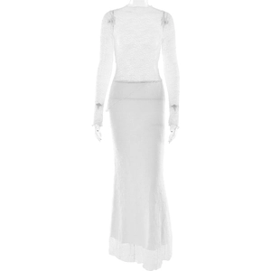 Close-up detail of white lace texture on elegant two-piece long sleeve top and skirt set