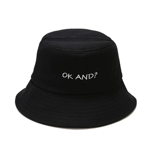 Classic black cotton bucket hat featuring white OK AND embroidery for casual sun protection