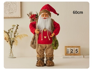 Detailed view of a 60cm standing Santa Claus doll with red sweater and gift accessories