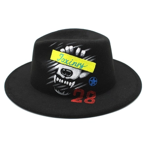 Cappello fedora nero in lana con stampa graffiti colorata e tesa piatta unisex
