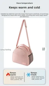 Detail of pink thermal lunch bag with adjustable strap and side mesh pocket