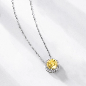 Elegant S925 silver necklace with a round yellow gemstone and a halo of zircon stones