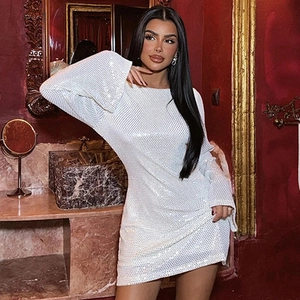 Robe Mini À Paillettes Dos Nu Manches Longues Évasées Col Rond Sexy Scintillante Fête Club Soirée Femme