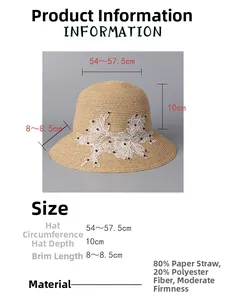 Detailed sizing guide and material specs for lace-decorated paper straw sun hat