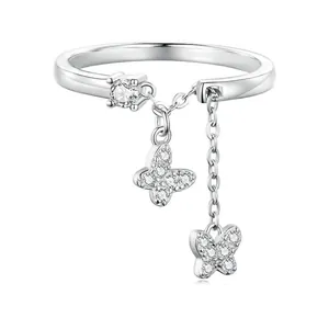 Luxury 925 Sterling Silver Butterfly Chain Open Ring For Women Adjustable Zirconia Finger Jewelry Gift Fashion Ring
