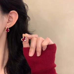 Elegant red gourd stud earrings with gold trim and zircon accents for women