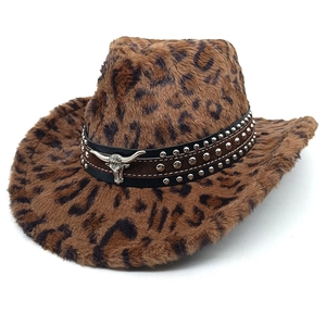 Detail of leopard print western cowboy hat with silver bull head and studded leather band