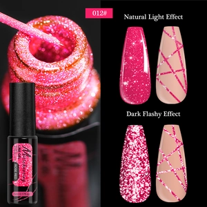 Macro detail of 012 rose red reflective line gel with natural and dark glitter effects