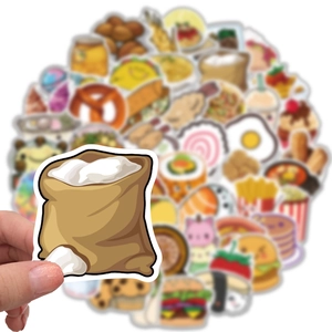 Macro detail of waterproof food stickers including burger and sushi cartoon patterns