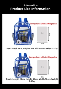 Size chart for large and small transparent blue PVC backpacks with A4 magazine comparison