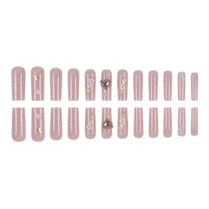 Long pink press-on nails with silver glitter, white flowers and 3D butterfly charms