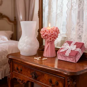 Pink floral bouquet candle set with elegant gift box and frosted vase for home decor