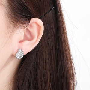 Close-up of a silver ammonite shell stud earring worn on model's ear with soft lighting