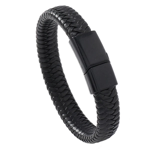 Men's vintage braided black leather bracelet with magnetic metal clasp on white background