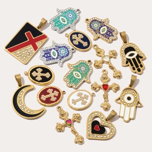 French style gold plated titanium steel heart and evil eye pendants with enamel inlay